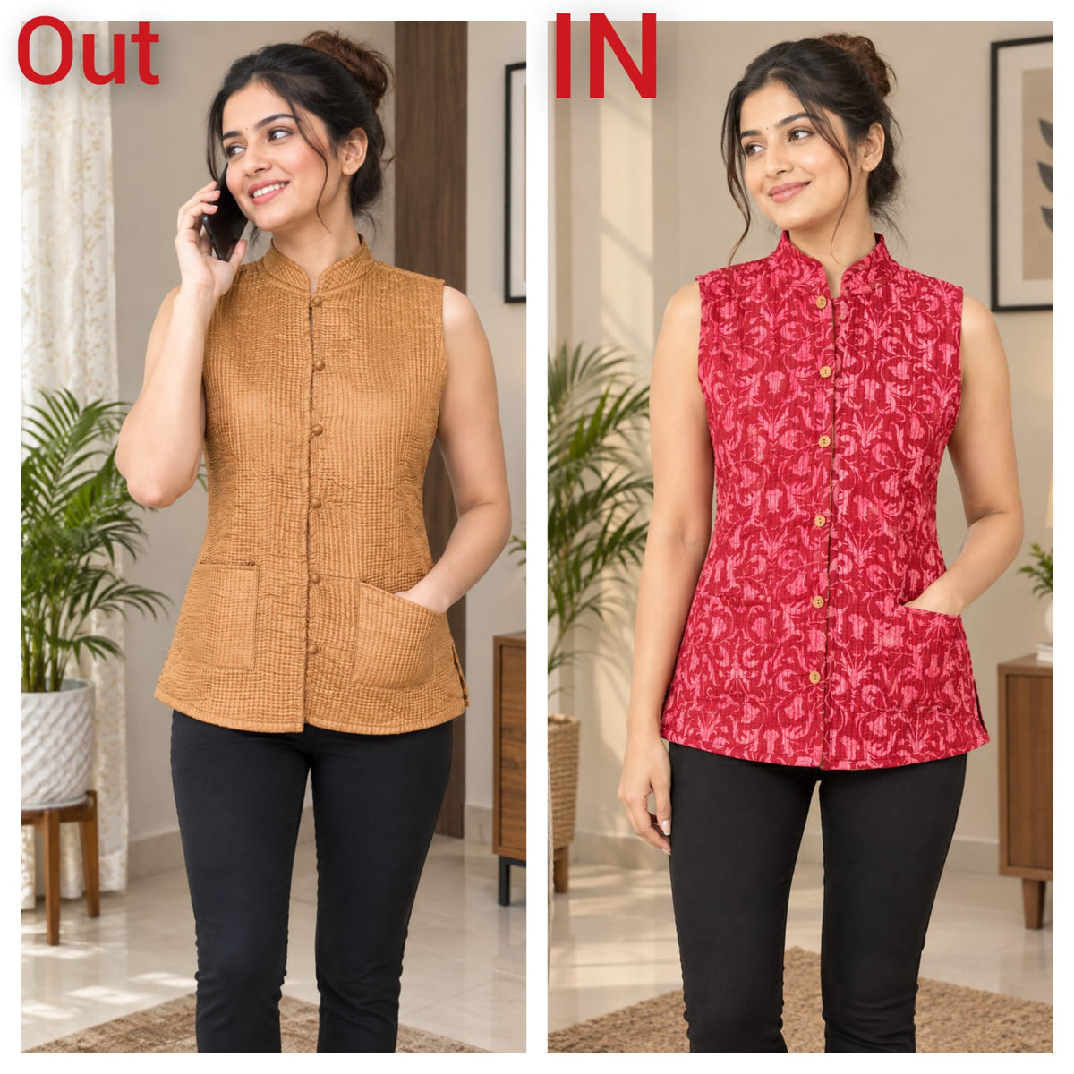 Jaipuri Cotton Quilted Reversible Jacket with Pockets