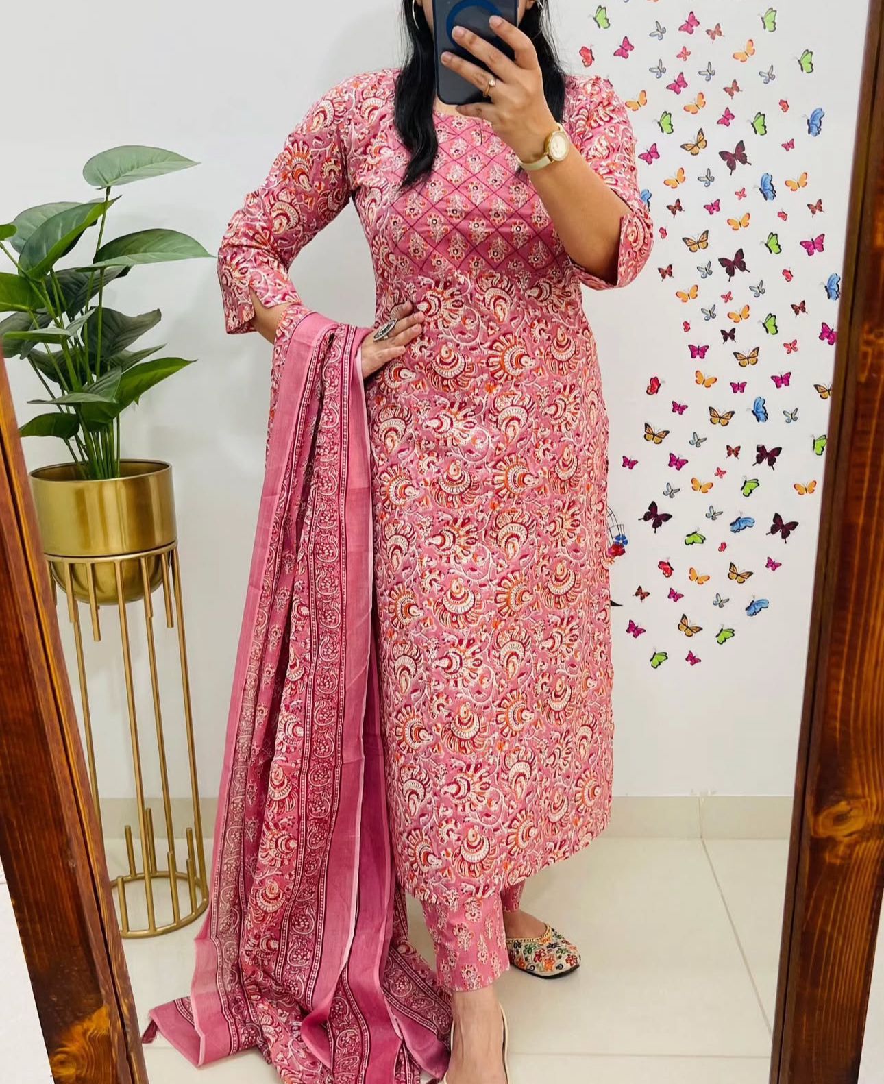 Jaipuri Floral Printed Cotton Suit Set with Kurti Pant Dupatta