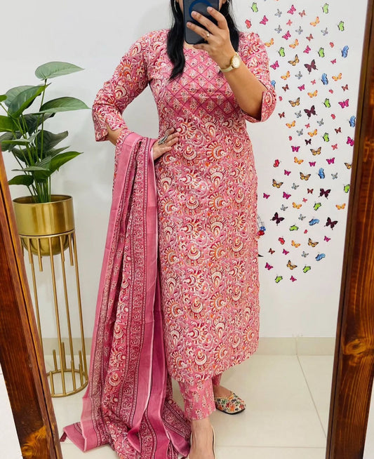 Jaipuri Floral Printed Cotton Suit Set with Kurti Pant Dupatta