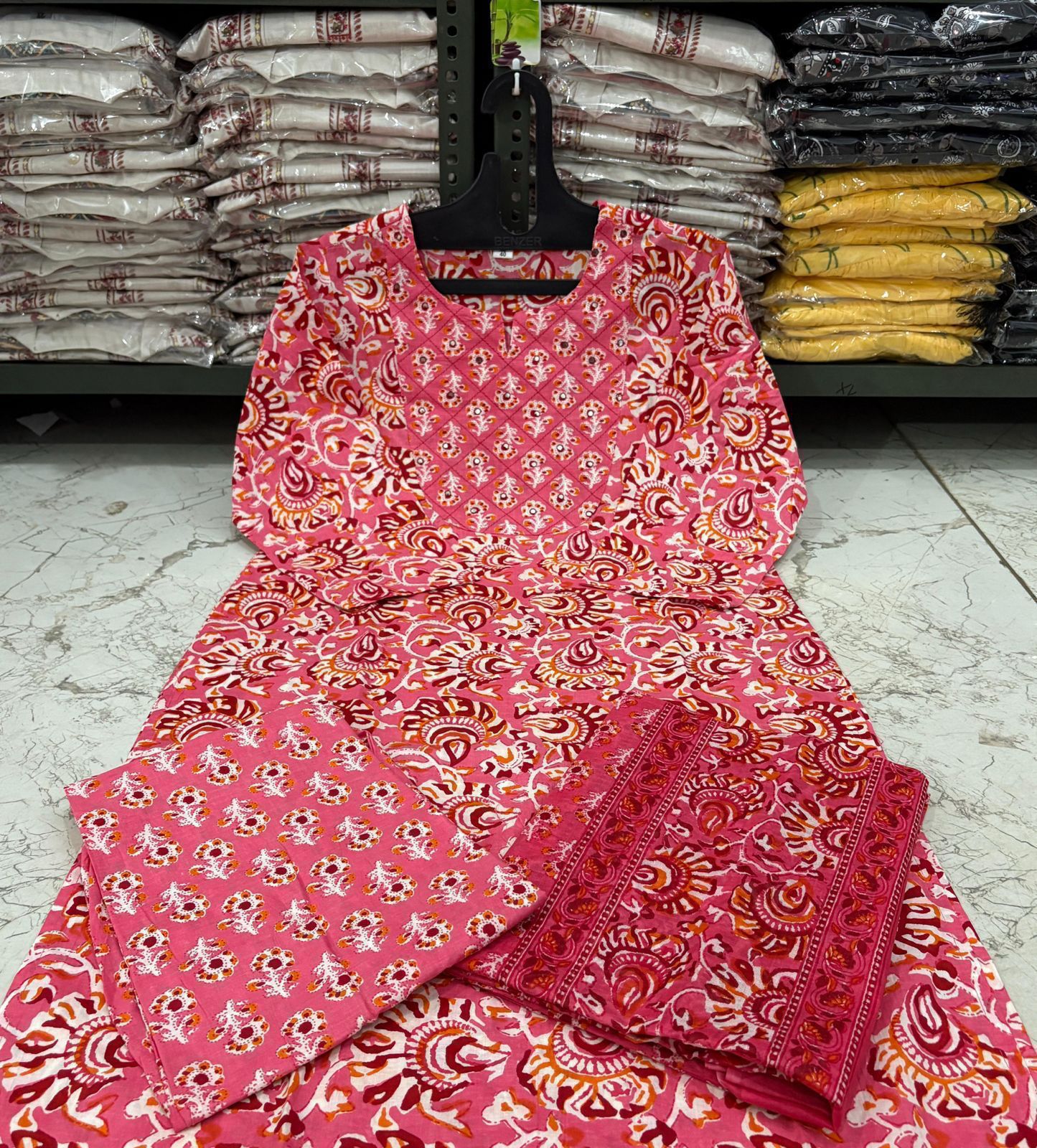 Jaipuri Floral Printed Cotton Suit Set with Kurti Pant Dupatta