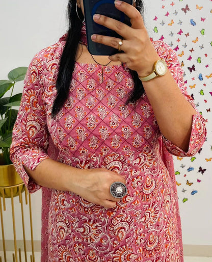 Jaipuri Floral Printed Cotton Suit Set with Kurti Pant Dupatta