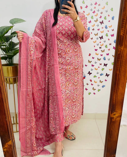 Jaipuri Floral Printed Cotton Suit Set with Kurti Pant Dupatta