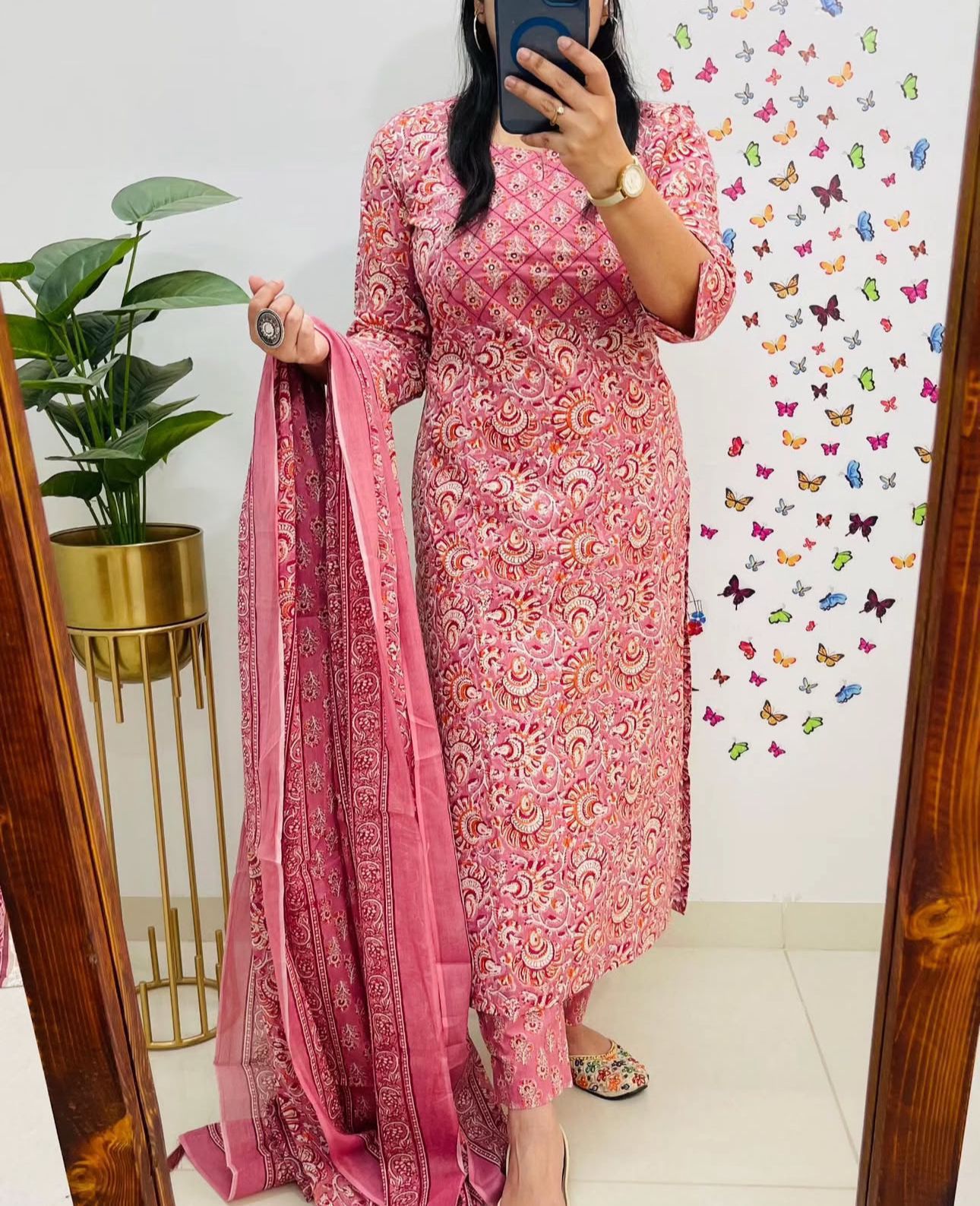 Jaipuri Floral Printed Cotton Suit Set with Kurti Pant Dupatta