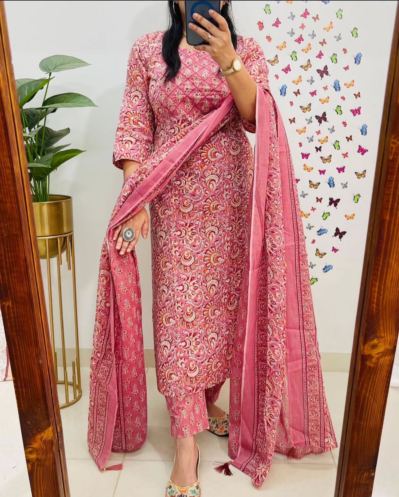 Jaipuri Floral Printed Cotton Suit Set with Kurti Pant Dupatta