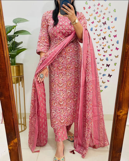 Jaipuri Floral Printed Cotton Suit Set with Kurti Pant Dupatta