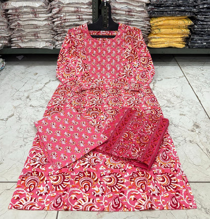 Jaipuri Floral Printed Cotton Suit Set with Kurti Pant Dupatta
