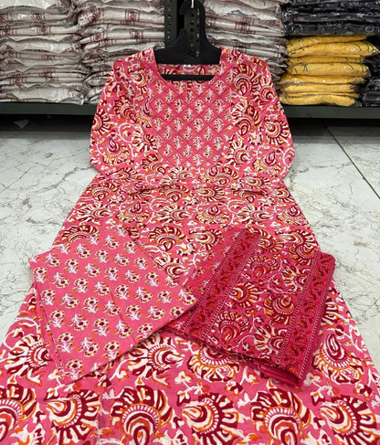 Jaipuri Floral Printed Cotton Suit Set with Kurti Pant Dupatta