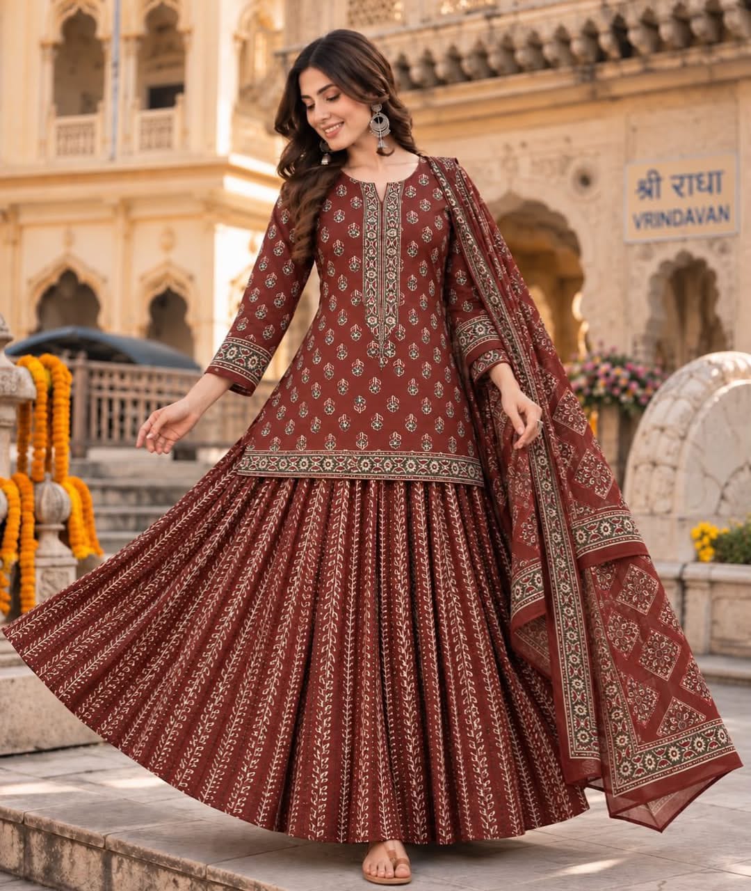 Jaipuri Print Cotton Gopi Dress Set with Skirt, Kurti & Malmal Dupatta