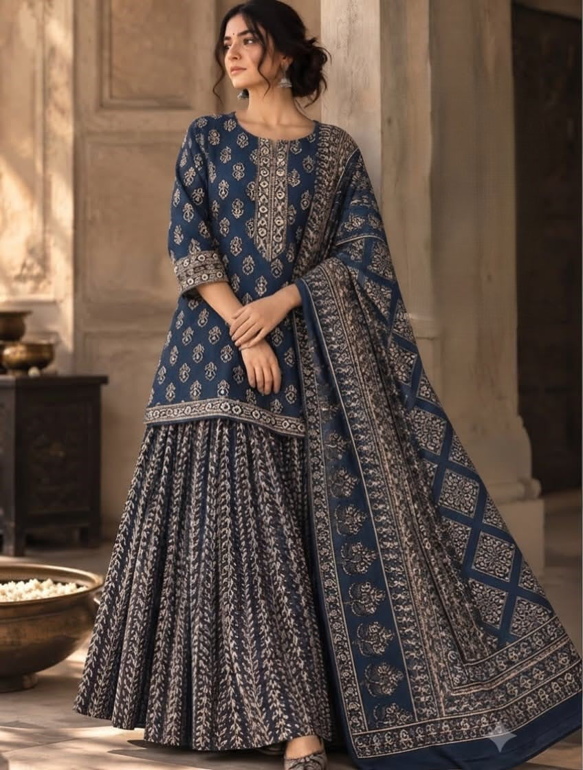Jaipuri Print Cotton Gopi Dress Set with Skirt, Kurti & Malmal Dupatta