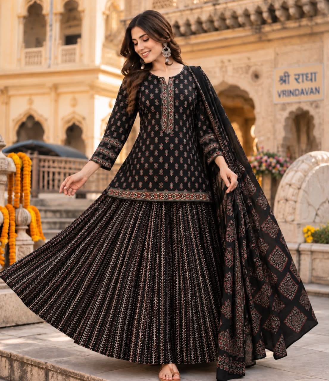 Jaipuri Print Cotton Gopi Dress Set with Skirt, Kurti & Malmal Dupatta