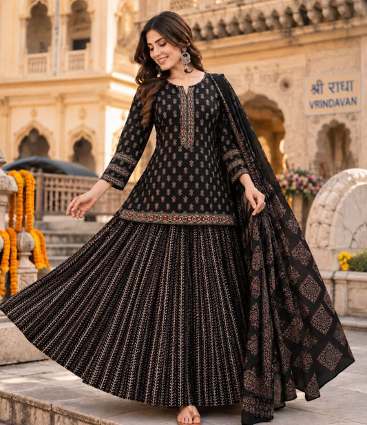 Jaipuri Print Cotton Gopi Dress Set with Skirt, Kurti & Malmal Dupatta