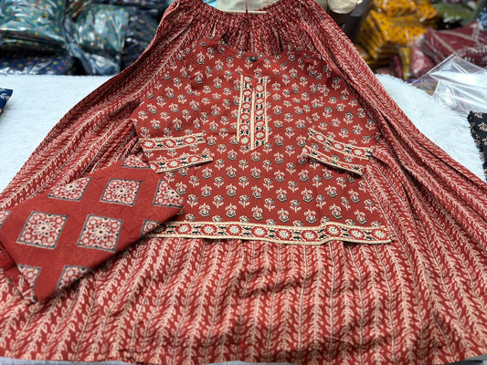 Jaipuri Print Cotton Gopi Dress Set with Skirt, Kurti & Malmal Dupatta