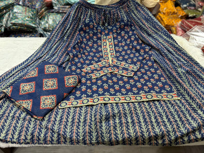 Jaipuri Print Cotton Gopi Dress Set with Skirt, Kurti & Malmal Dupatta