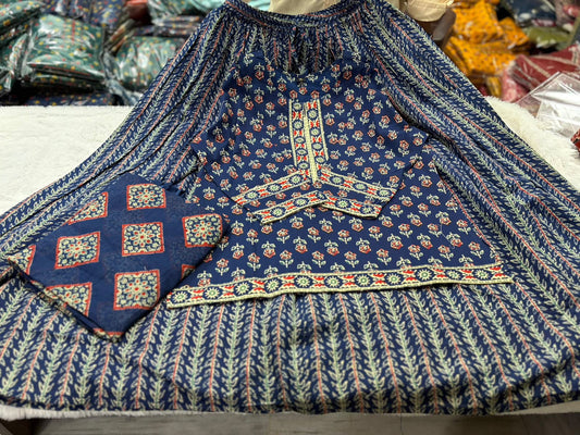 Jaipuri Print Cotton Gopi Dress Set with Skirt, Kurti & Malmal Dupatta