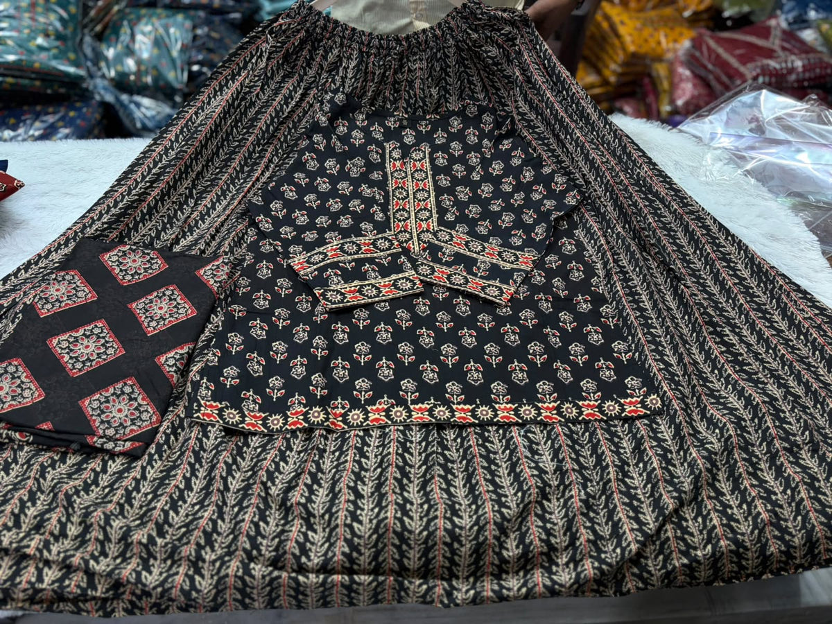 Jaipuri Print Cotton Gopi Dress Set with Skirt, Kurti & Malmal Dupatta