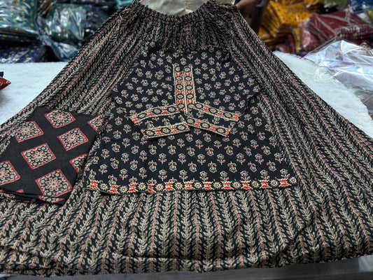 Jaipuri Print Cotton Gopi Dress Set with Skirt, Kurti & Malmal Dupatta