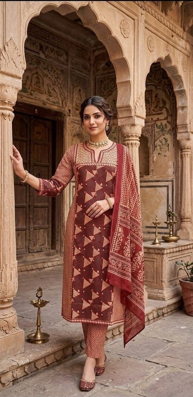 Jaipuri Printed Cotton Kurti Set with Printed Pant & Malmal Dupatta