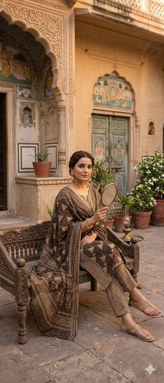 Jaipuri Printed Cotton Kurti Set with Printed Pant & Malmal Dupatta