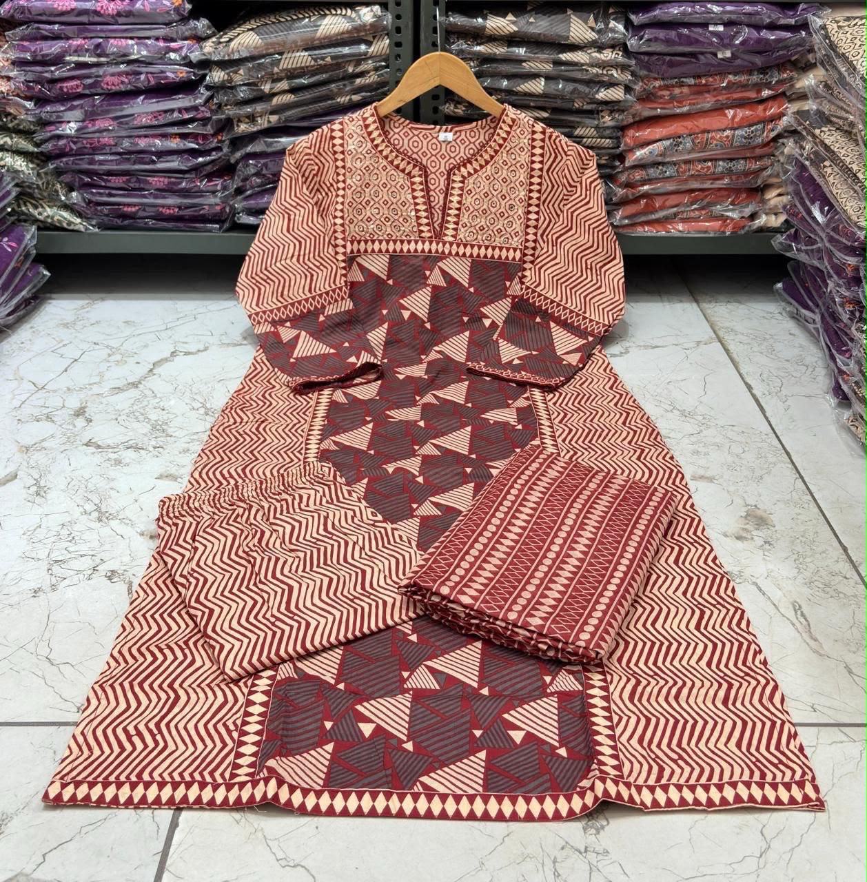 Jaipuri Printed Cotton Kurti Set with Printed Pant & Malmal Dupatta