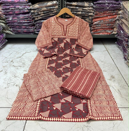 Jaipuri Printed Cotton Kurti Set with Printed Pant & Malmal Dupatta