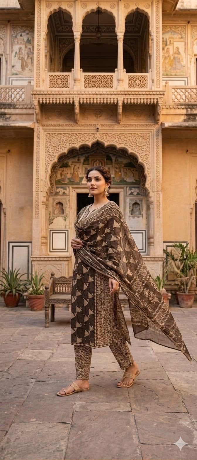Jaipuri Printed Cotton Kurti Set with Printed Pant & Malmal Dupatta