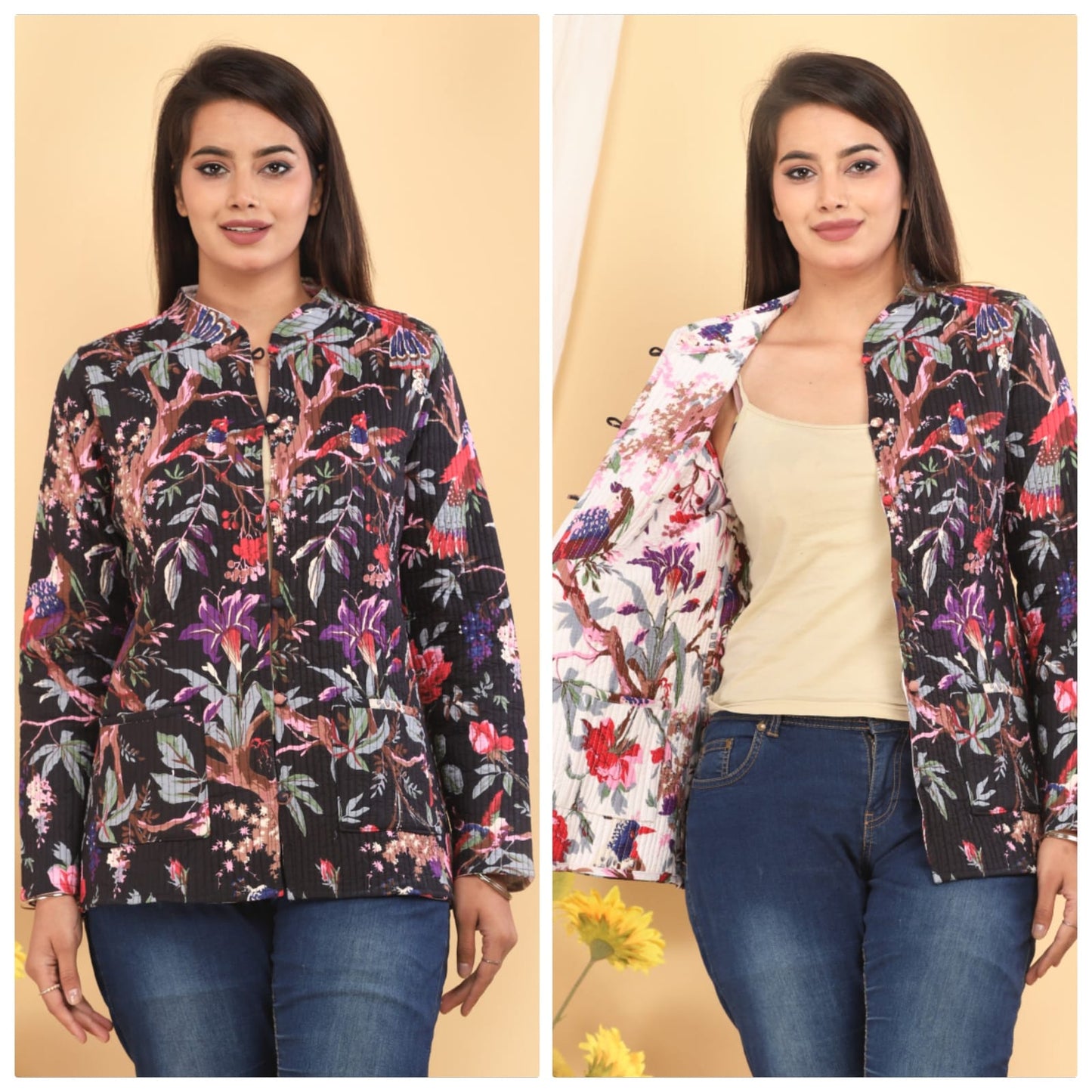 Jaipuri Quilted Reversible Cotton Jacket for Women | Round Neck | 28 Inch