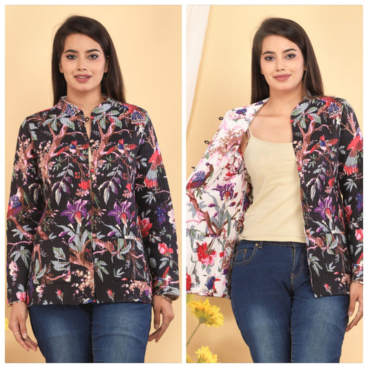 Jaipuri Quilted Reversible Cotton Jacket for Women | Round Neck | 28 Inch