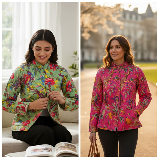 Jaipuri Quilted Reversible Cotton Jacket for Women | Round Neck | 28 Inch