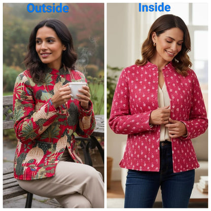 Jaipuri Quilted Reversible Cotton Jacket for Women | Round Neck | 28 Inch