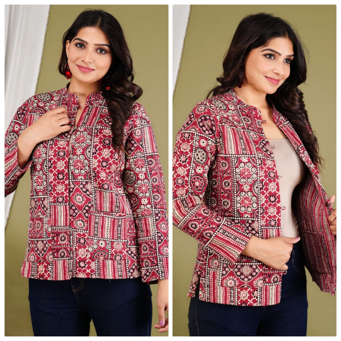 Jaipuri Quilted Reversible Cotton Jacket for Women | Round Neck | 28 Inch