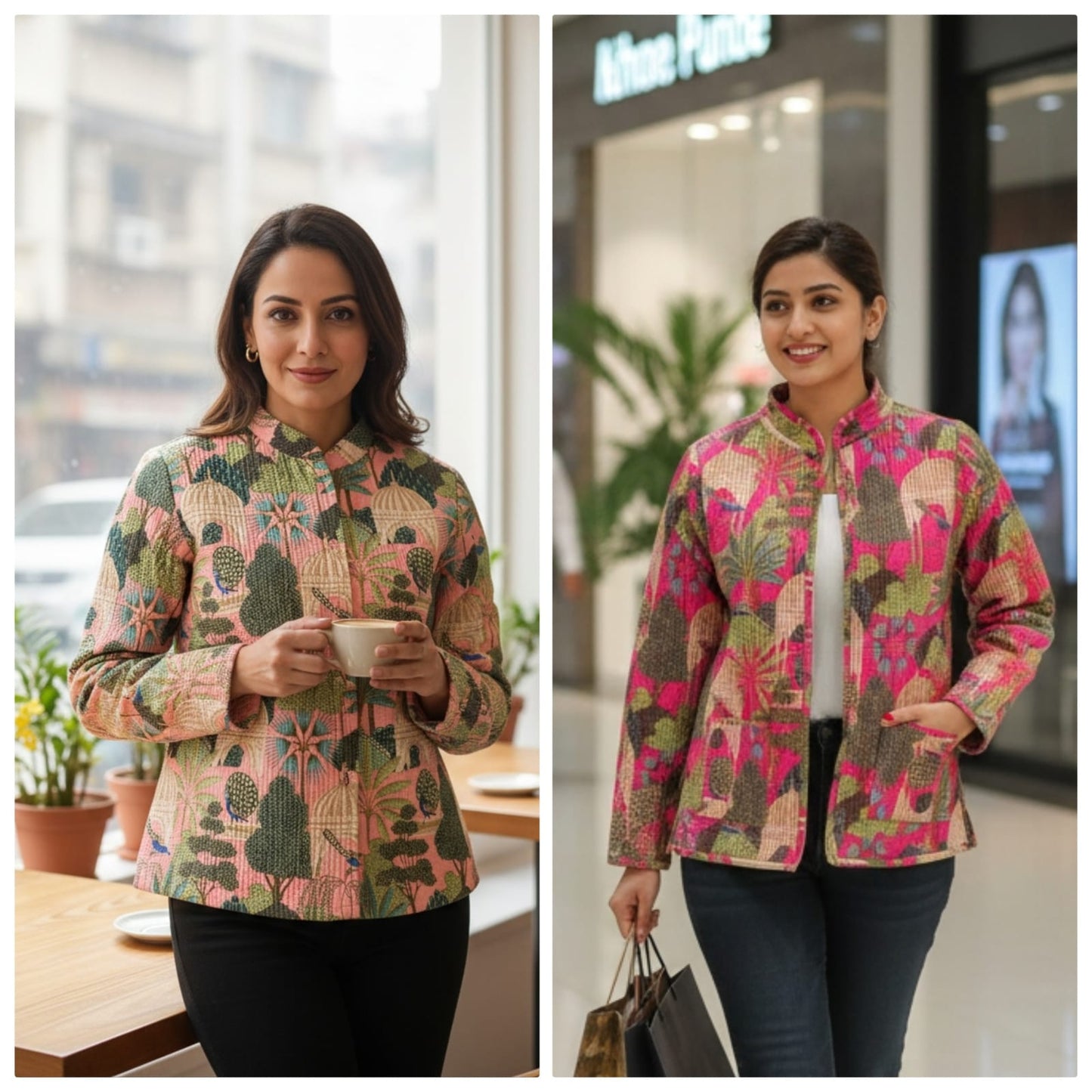 Jaipuri Quilted Reversible Cotton Jacket for Women | Round Neck | 28 Inch