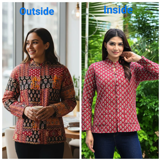 Jaipuri Quilted Reversible Cotton Jacket for Women | Round Neck | 28 Inch