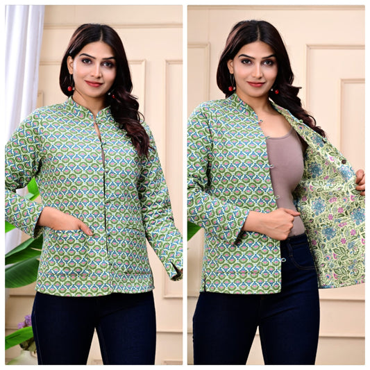 Jaipuri Quilted Reversible Cotton Jacket for Women | Round Neck | 28 Inch