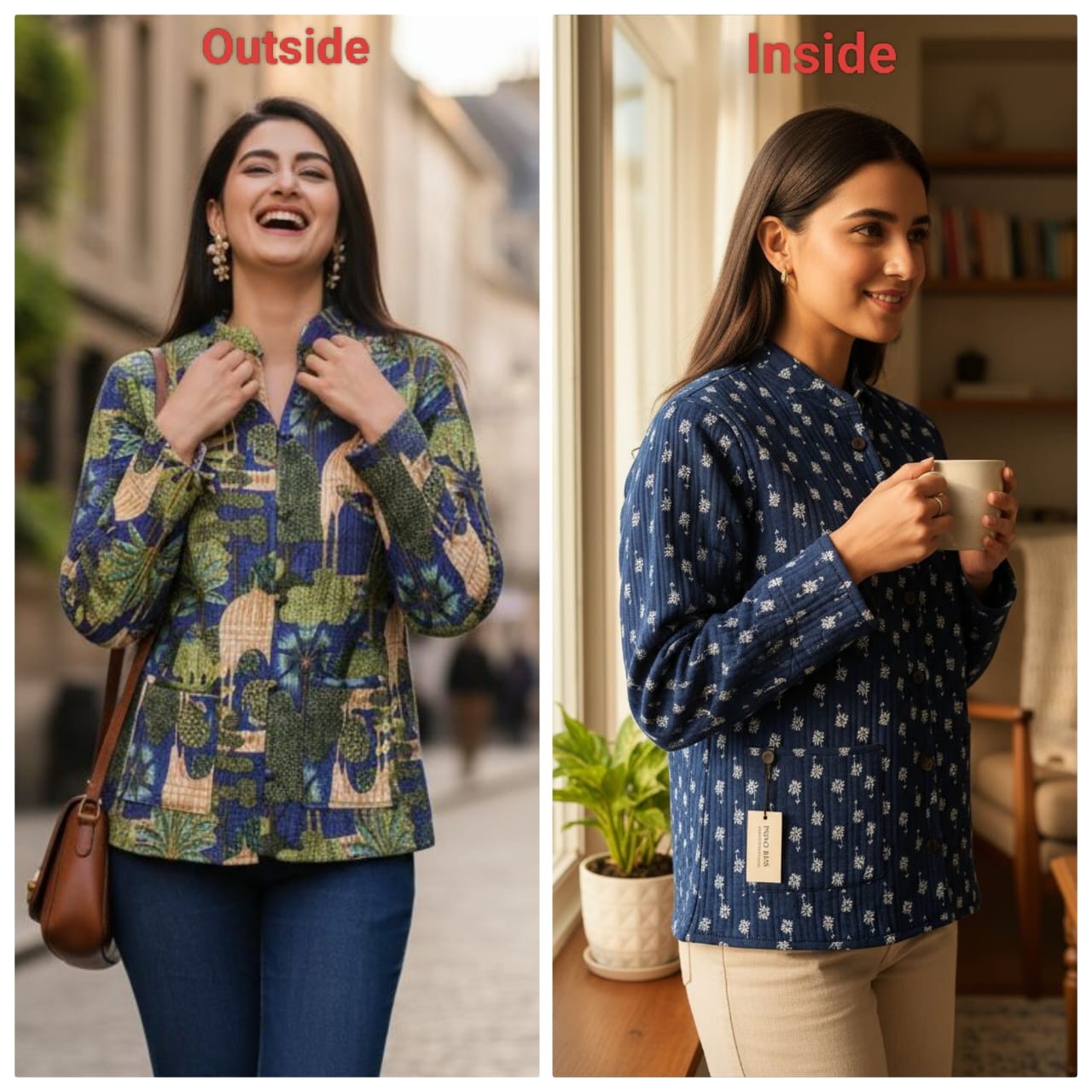 Jaipuri Quilted Reversible Cotton Jacket for Women | Round Neck | 28 Inch