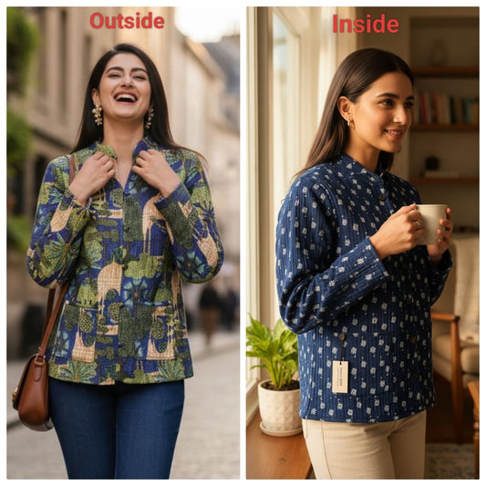 Jaipuri Quilted Reversible Cotton Jacket for Women | Round Neck | 28 Inch