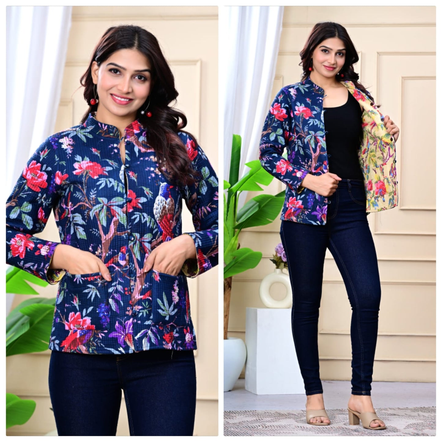 Jaipuri Quilted Reversible Cotton Jacket for Women | Round Neck | 28 Inch