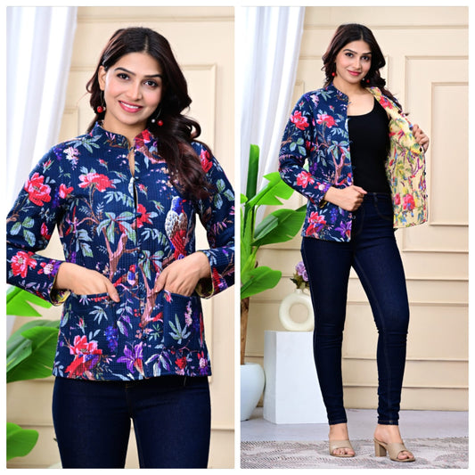 Jaipuri Quilted Reversible Cotton Jacket for Women | Round Neck | 28 Inch