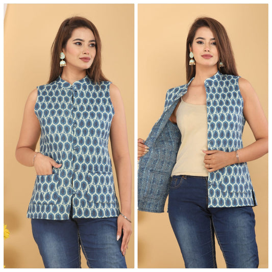 Jaipuri Quilted Reversible Cotton Jacket with Kapas Filling – 28 Inches