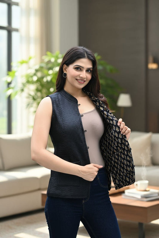 Woman holding a black patterned jacket in a living room setting