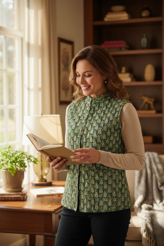 Woman reading a book in a cozy room with a window and shelves in the background