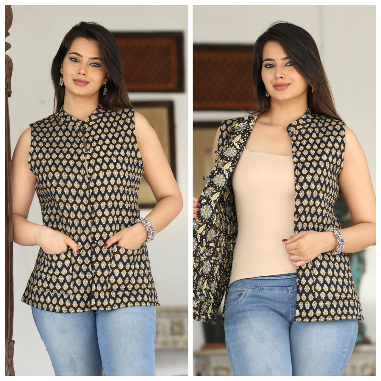 Jaipuri Quilted Reversible Cotton Jacket with Kapas Filling – 28 Inches