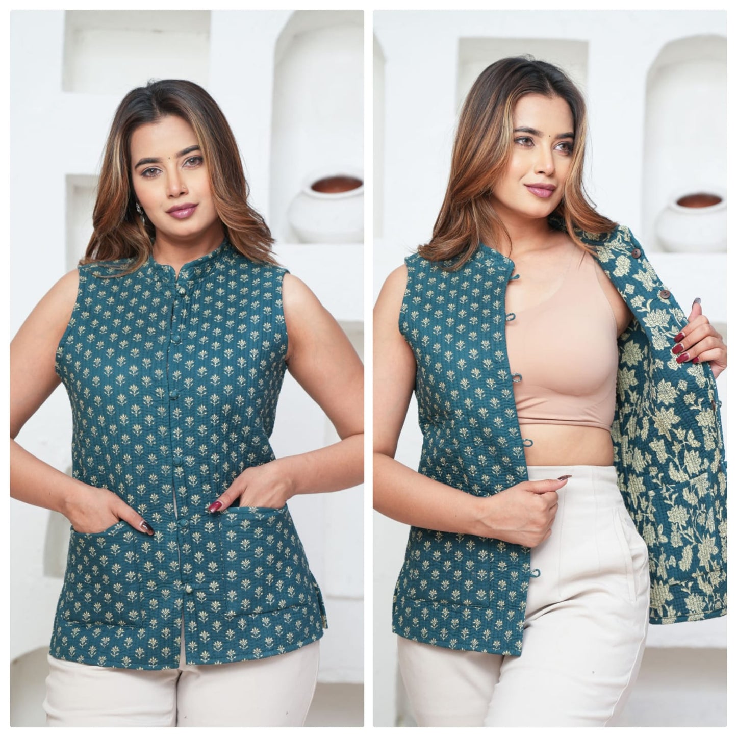 Woman wearing a green floral sleeveless jacket with white pants against a neutral background