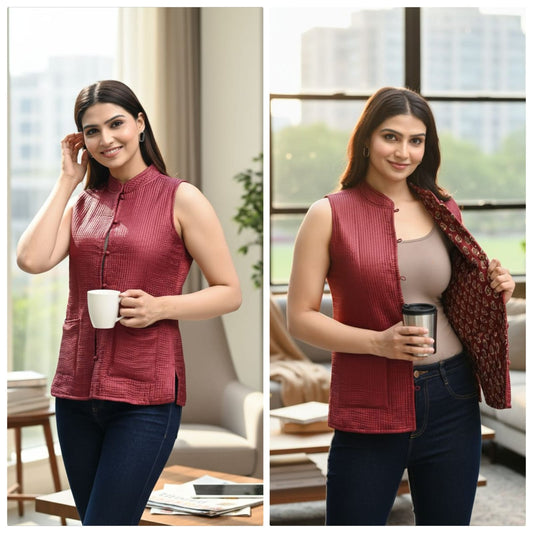 Woman in a red sleeveless jacket holding a cup in two different settings.