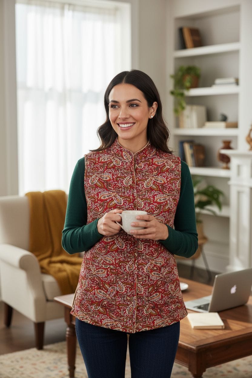 Woman holding a mug in a cozy living room