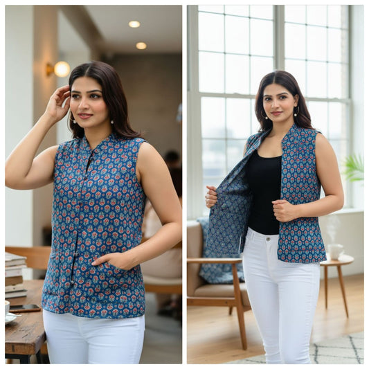 Jaipuri Quilted Reversible Cotton Jacket with Kapas Filling – 28 Inches