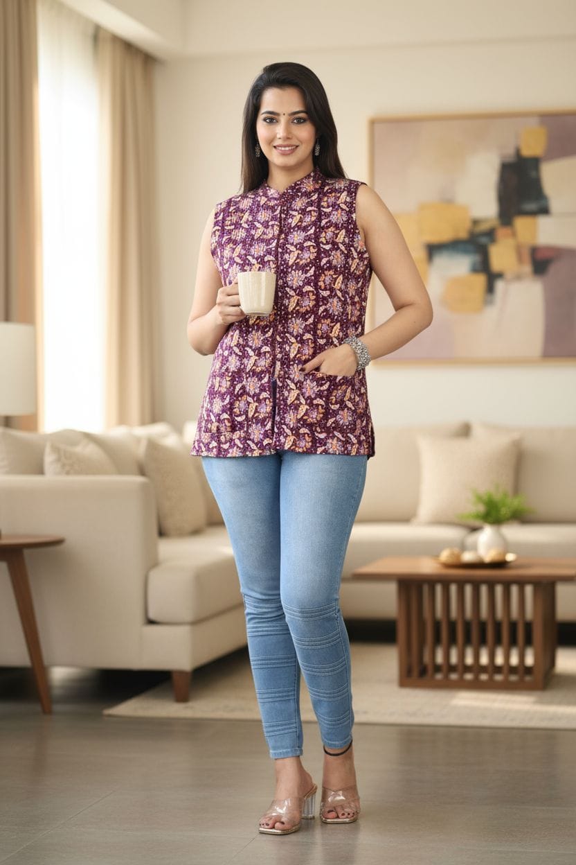 Jaipuri Quilted Reversible Cotton Jacket with Kapas Filling – 28 Inches