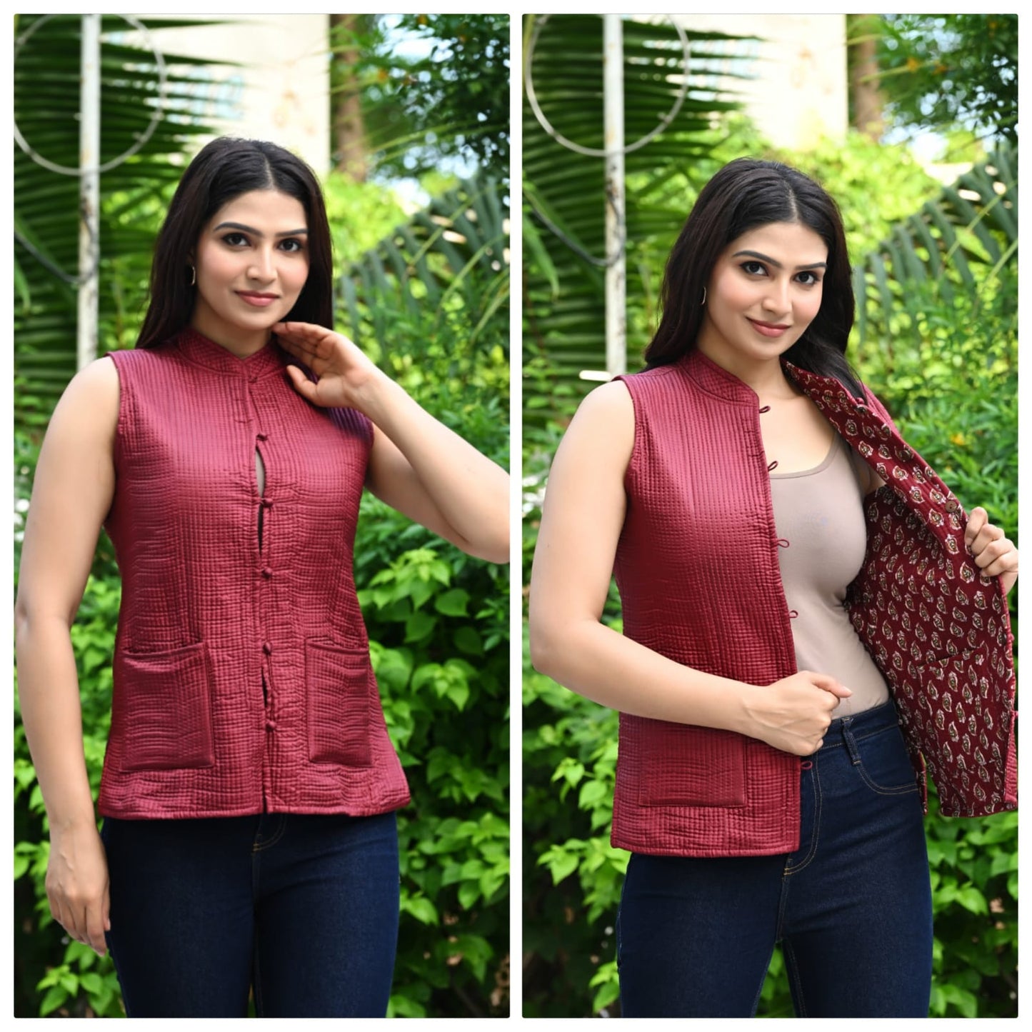 Jaipuri Reversible Quilted Cotton sleeveless Jacket for Women with Kapas Filling