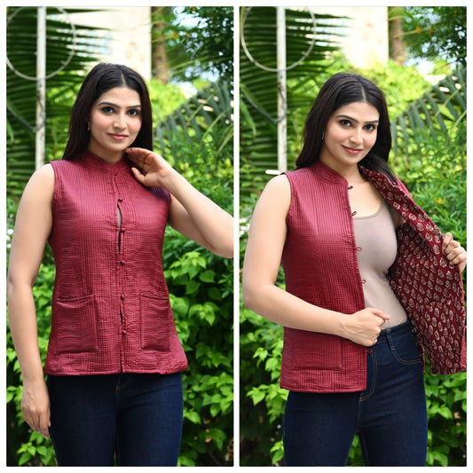 Jaipuri Reversible Quilted Cotton sleeveless Jacket for Women with Kapas Filling