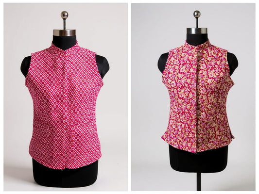 Jaipuri Reversible Quilted Cotton sleeveless Jacket for Women with Kapas Filling