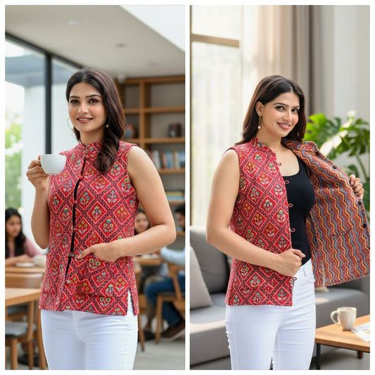 Jaipuri Reversible Quilted Cotton sleeveless Jacket for Women with Kapas Filling